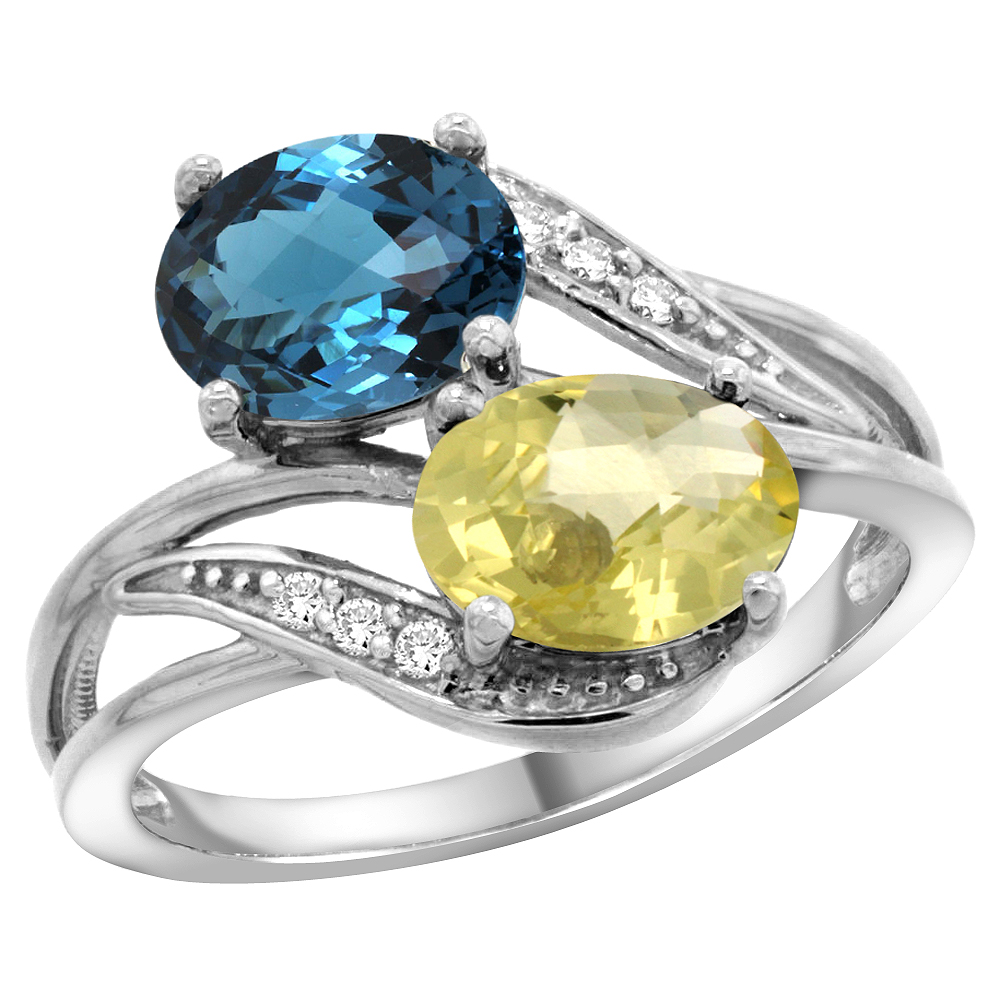 10K WHITE GOLD DIAMOND NATURAL LONDON BLUE TOPAZ & LEMON QUARTZ 2-STONE RING OVAL 8X6MM, SIZES 5 - 10