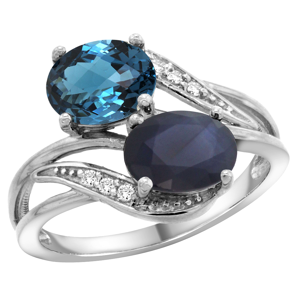 10K WHITE GOLD DIAMOND NATURAL LONDON BLUE TOPAZ & AUSTRALIAN SAPPHIRE 2-STONE RING OVAL 8X6MM, SIZES 5 - 10