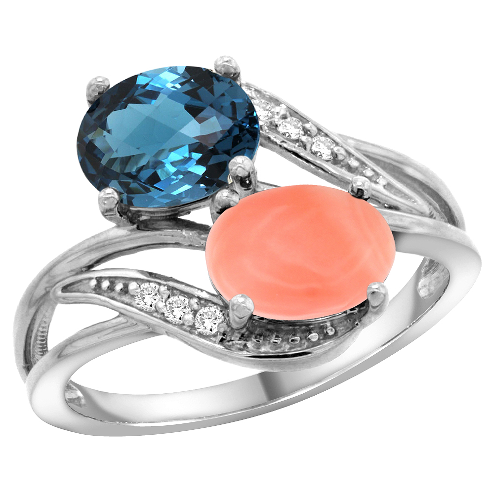 10K WHITE GOLD DIAMOND NATURAL LONDON BLUE TOPAZ & CORAL 2-STONE RING OVAL 8X6MM, SIZES 5 - 10