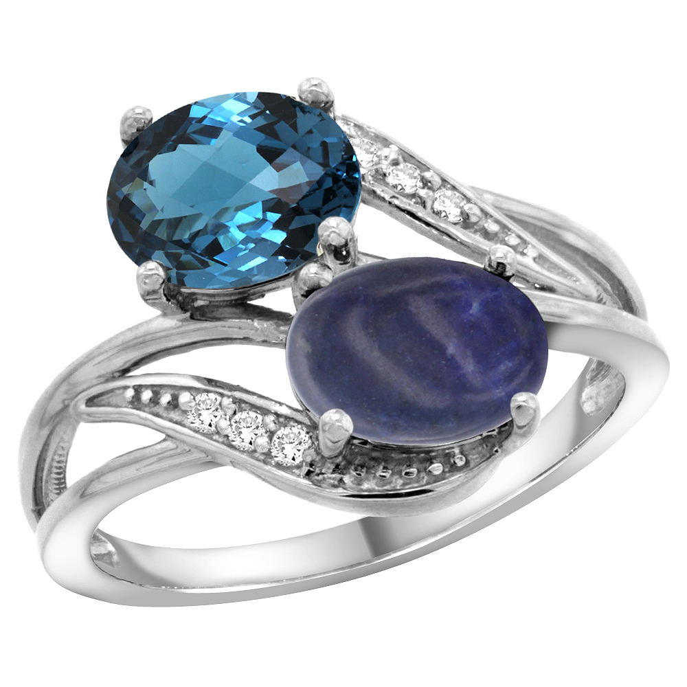 10K WHITE GOLD DIAMOND NATURAL LONDON BLUE TOPAZ & LAPIS 2-STONE RING OVAL 8X6MM, SIZES 5 - 10