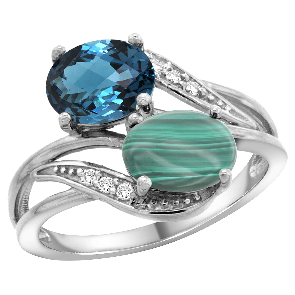 10K WHITE GOLD DIAMOND NATURAL LONDON BLUE TOPAZ & MALACHITE 2-STONE RING OVAL 8X6MM, SIZES 5 - 10