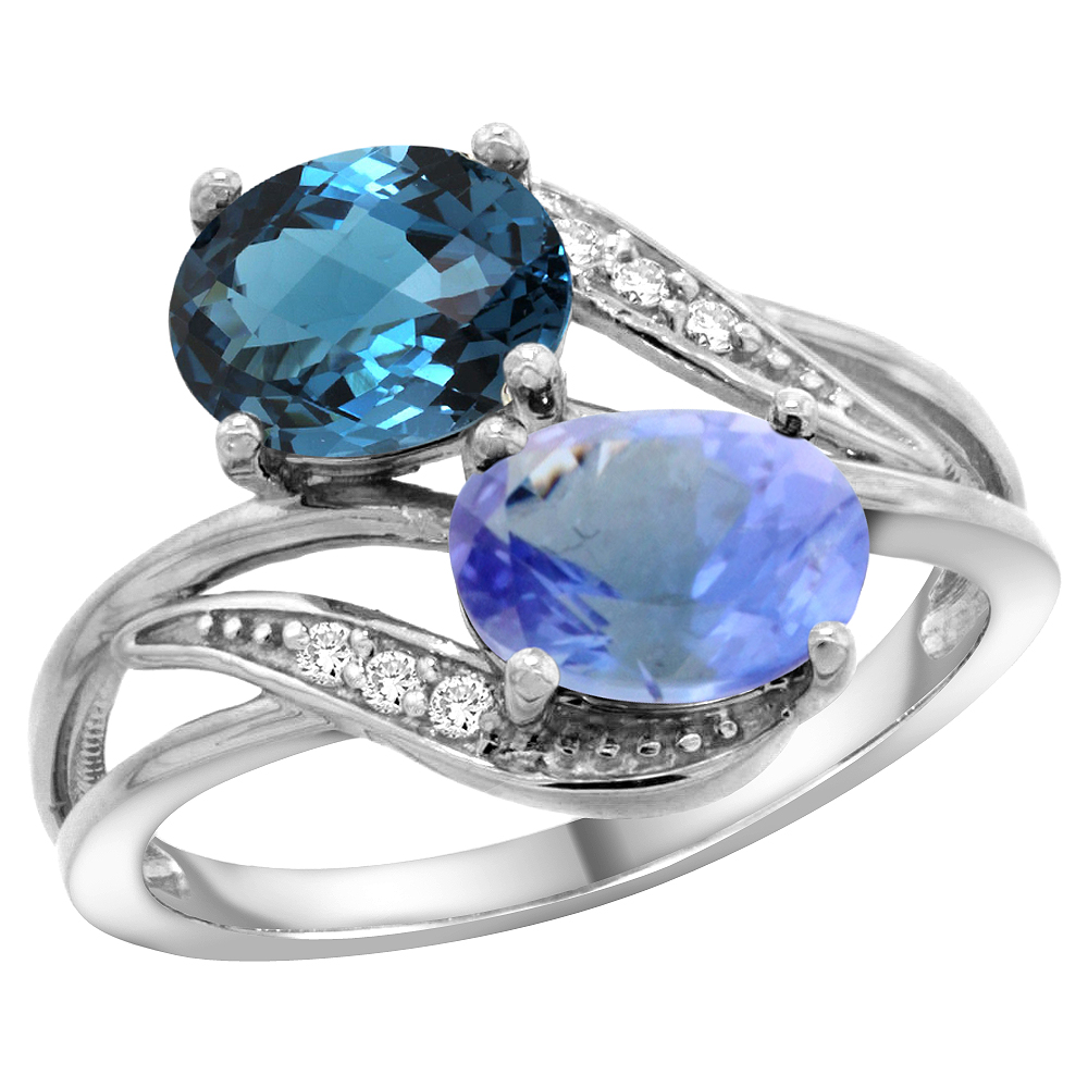 10K WHITE GOLD DIAMOND NATURAL LONDON BLUE TOPAZ & TANZANITE 2-STONE RING OVAL 8X6MM, SIZES 5 - 10