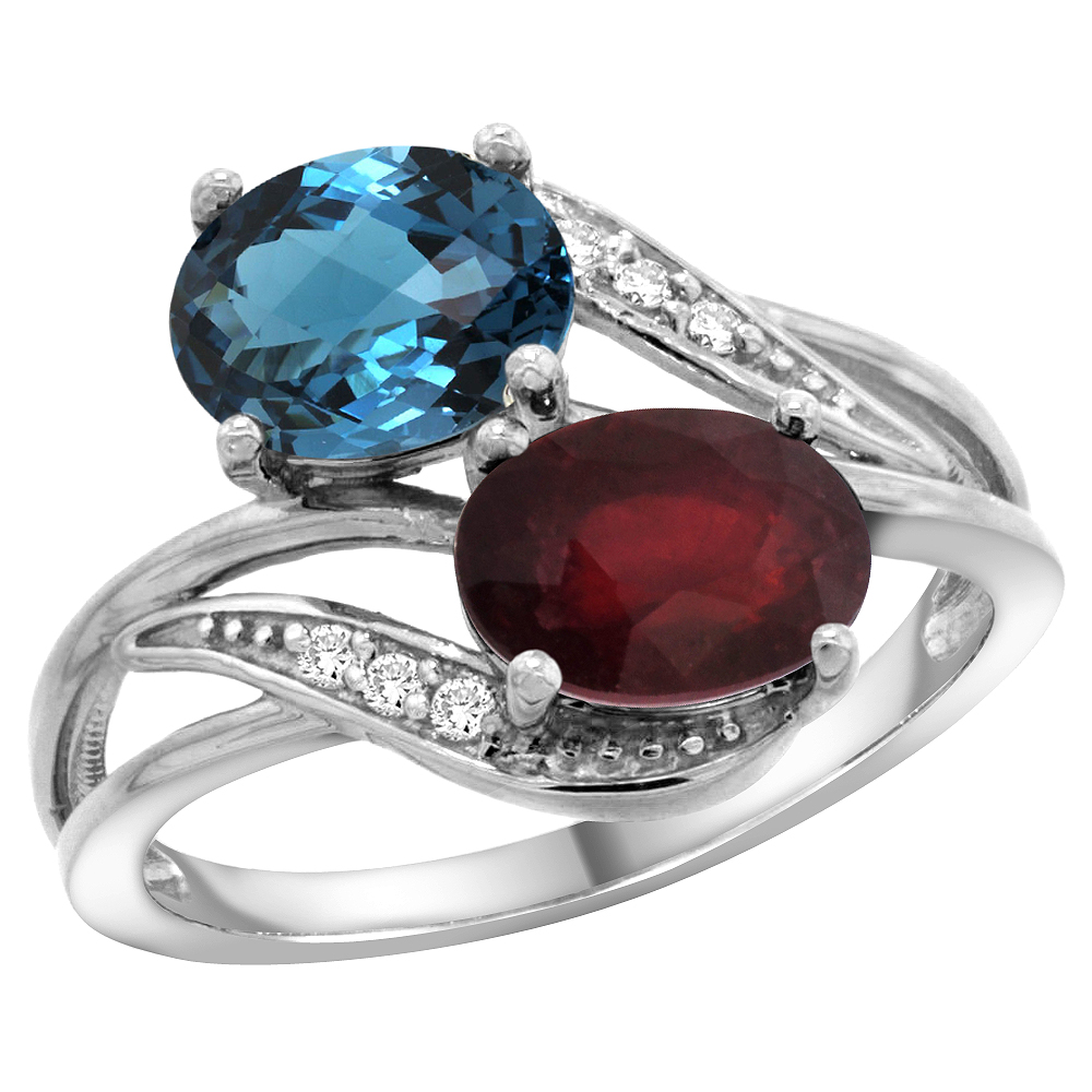 10K WHITE GOLD DIAMOND NATURAL LONDON BLUE TOPAZ RUBY 2-STONE MOTHERS RING OVAL 8X6MM SIZE 5 - 10