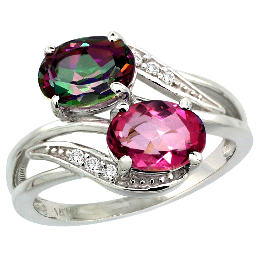 14K WHITE GOLD DIAMOND NATURAL PINK & MYSTIC TOPAZ 2-STONE RING OVAL 8X6MM, SIZES 5 - 10