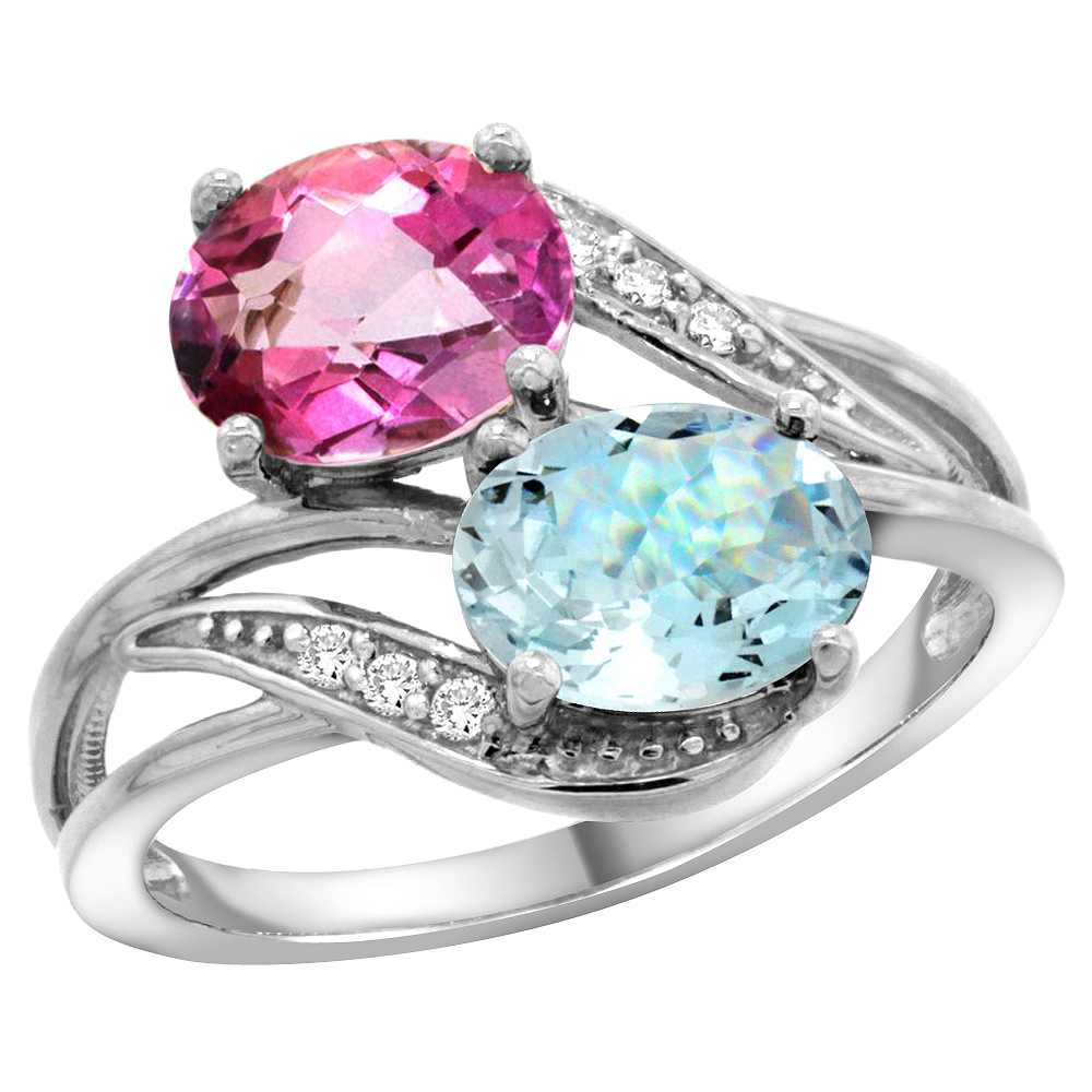 10K WHITE GOLD DIAMOND NATURAL PINK TOPAZ & AQUAMARINE 2-STONE RING OVAL 8X6MM, SIZES 5 - 10