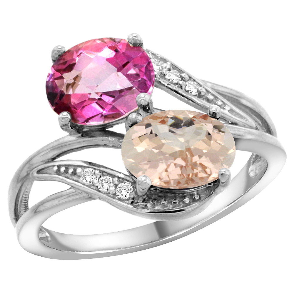 10K WHITE GOLD DIAMOND NATURAL PINK TOPAZ & MORGANITE 2-STONE RING OVAL 8X6MM, SIZES 5 - 10