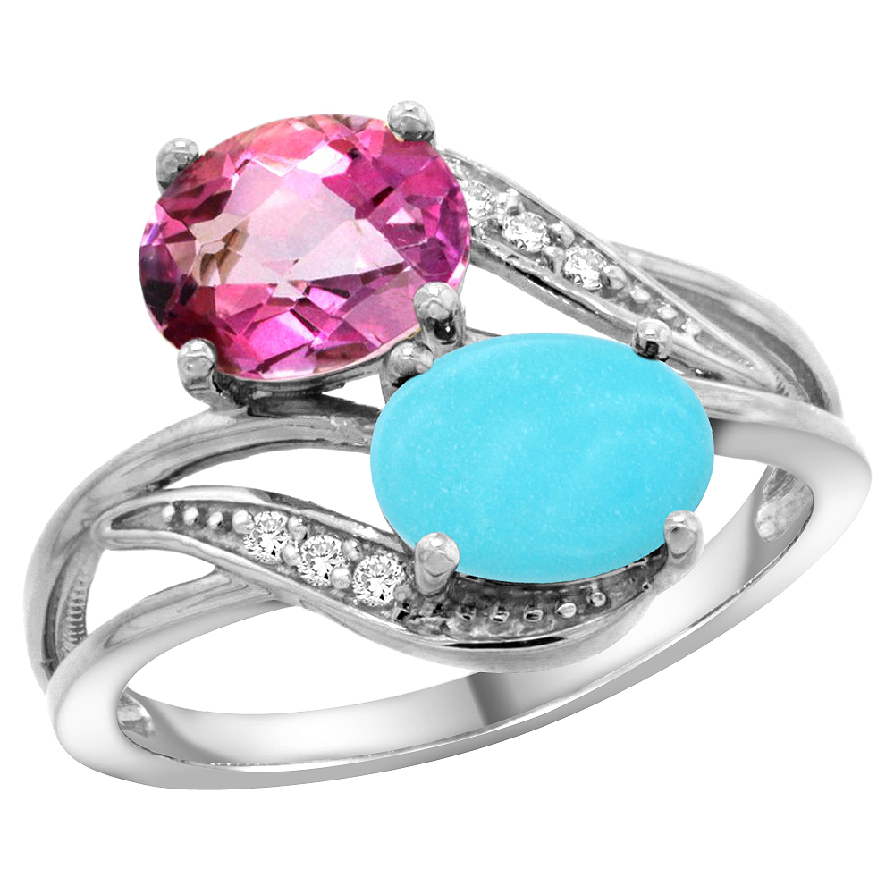10K WHITE GOLD DIAMOND NATURAL PINK TOPAZ & TURQUOISE 2-STONE RING OVAL 8X6MM, SIZES 5 - 10