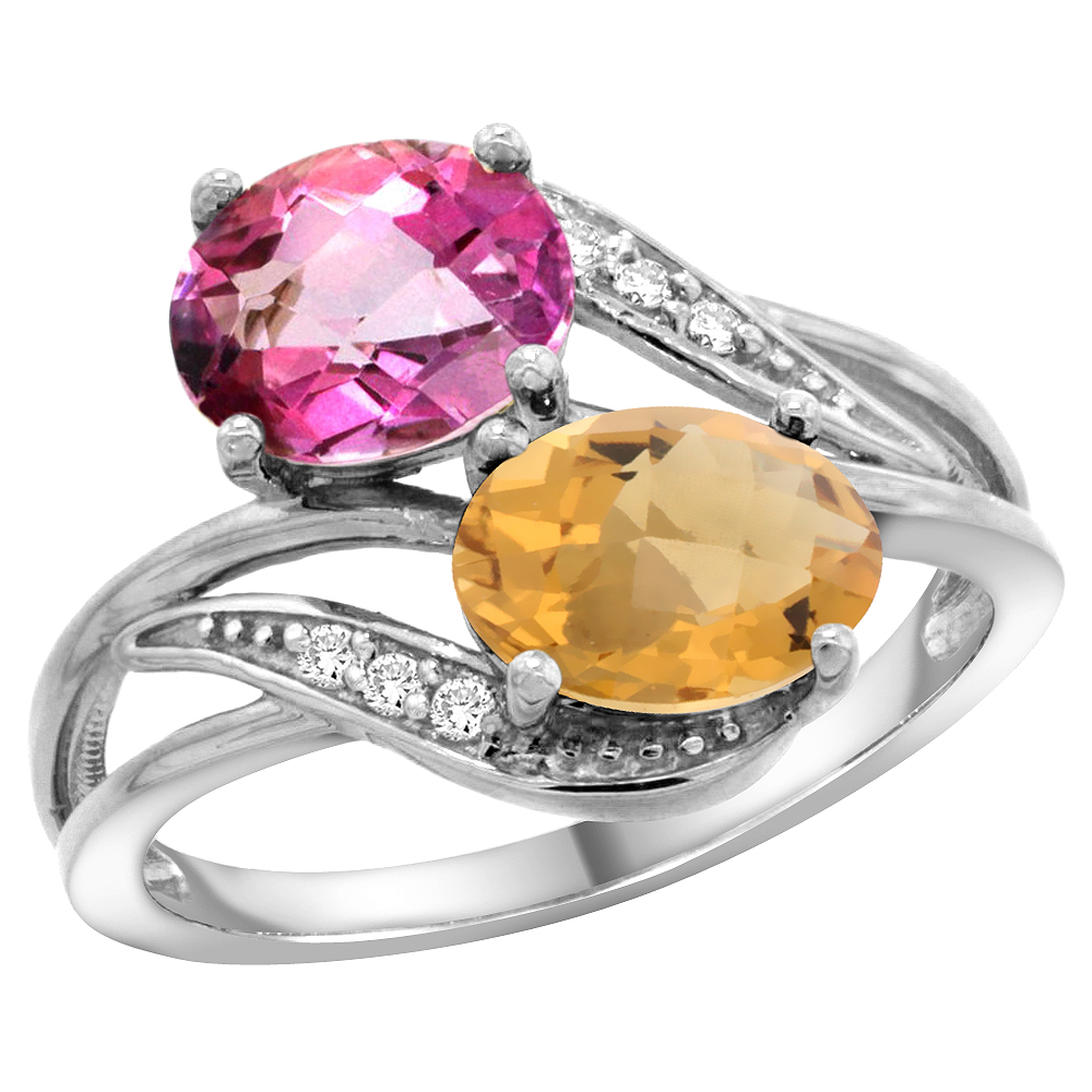 10K WHITE GOLD DIAMOND NATURAL PINK TOPAZ & WHISKY QUARTZ 2-STONE RING OVAL 8X6MM, SIZES 5 - 10
