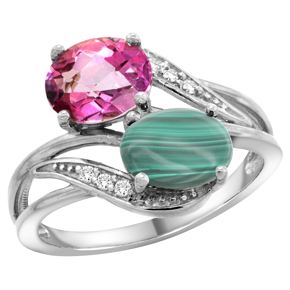 10K WHITE GOLD DIAMOND NATURAL PINK TOPAZ & MALACHITE 2-STONE RING OVAL 8X6MM, SIZES 5 - 10