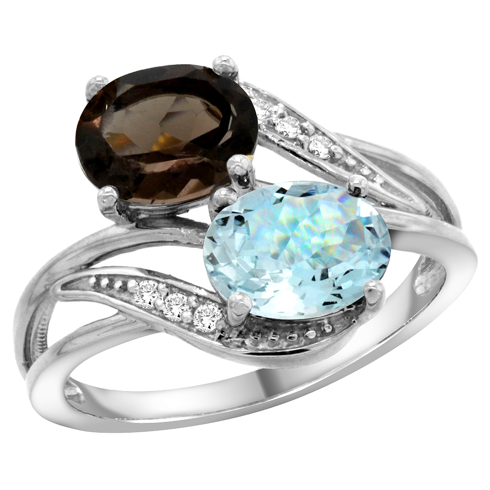 10K WHITE GOLD DIAMOND NATURAL SMOKY TOPAZ & AQUAMARINE 2-STONE RING OVAL 8X6MM, SIZES 5 - 10