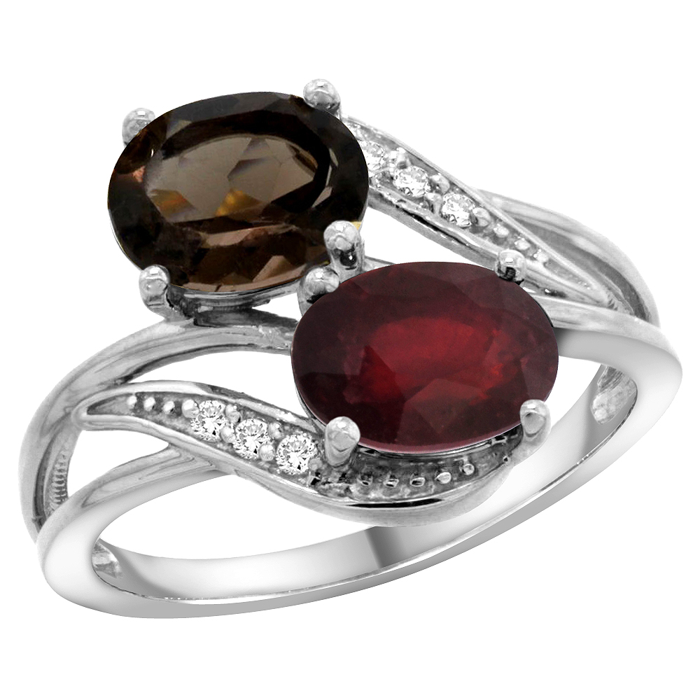 10K WHITE GOLD DIAMOND NATURAL SMOKY TOPAZ & ENHANCED RUBY 2-STONE RING OVAL 8X6MM, SIZES 5 - 10