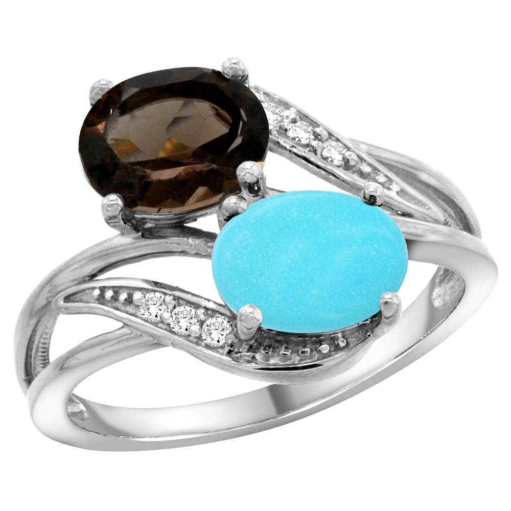 14K White Gold Diamond Natural Smoky Topaz & Turquoise 2-stone Ring Oval 8x6mm, sizes 5 - 10