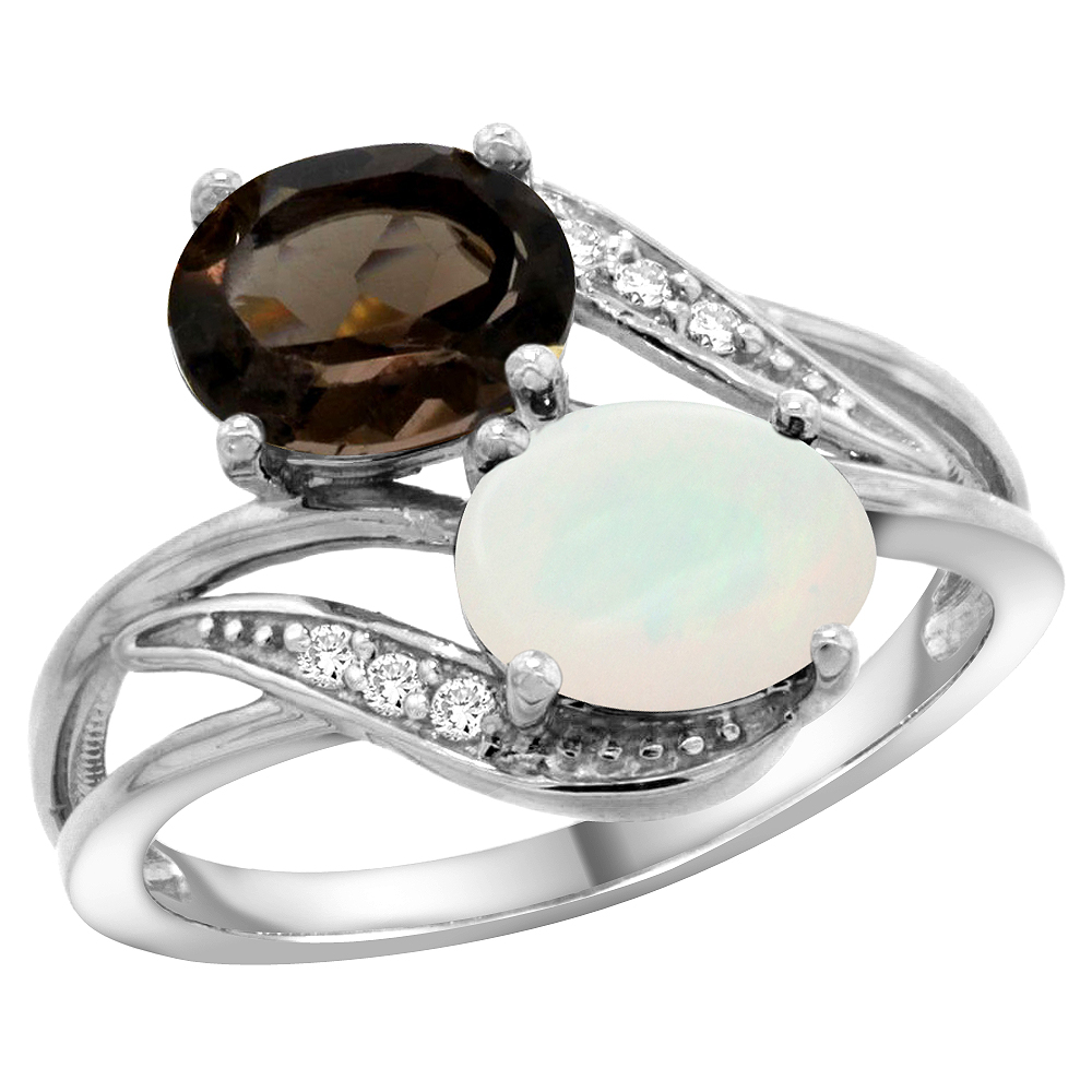 10K WHITE GOLD DIAMOND NATURAL SMOKY TOPAZ & OPAL 2-STONE RING OVAL 8X6MM, SIZES 5 - 10