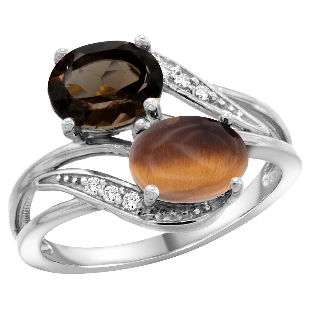 14K White Gold Diamond Natural Smoky Topaz & Tiger Eye 2-stone Ring Oval 8x6mm, sizes 5 - 10