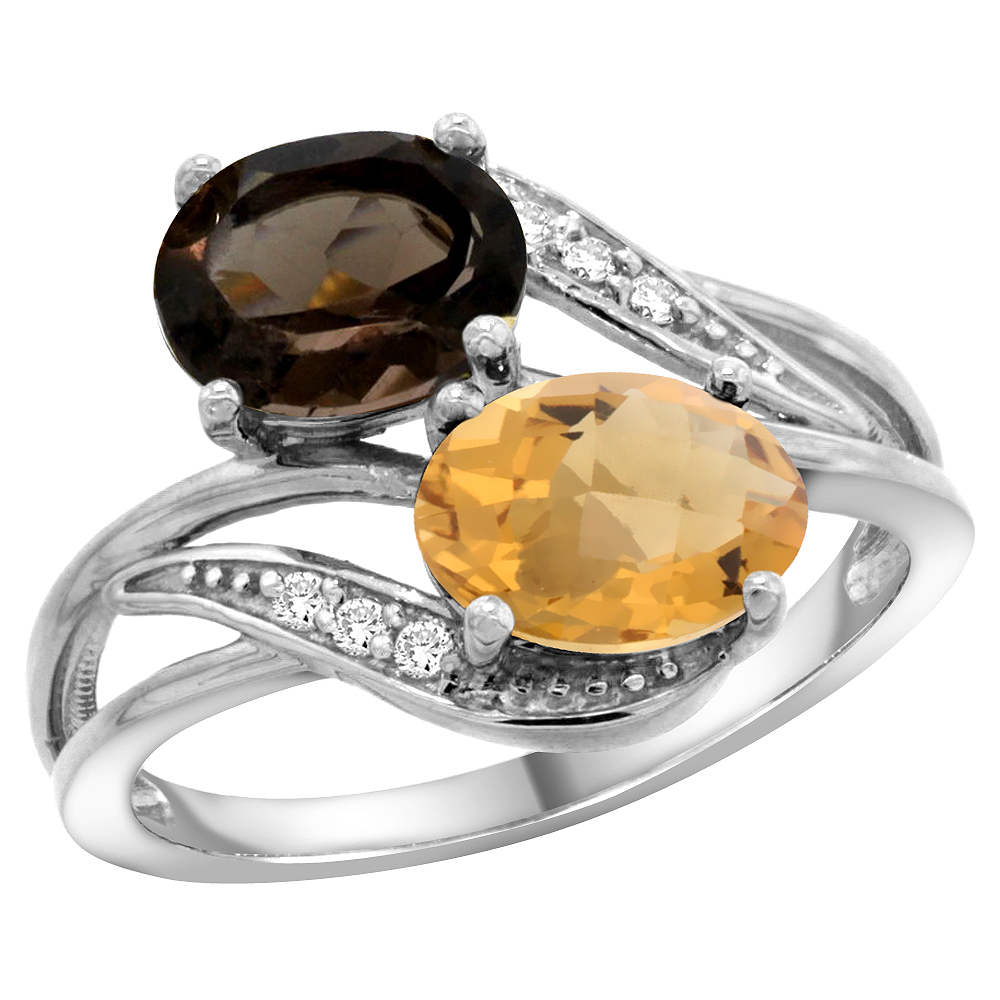 10K WHITE GOLD DIAMOND NATURAL SMOKY TOPAZ & WHISKY QUARTZ 2-STONE RING OVAL 8X6MM, SIZES 5 - 10