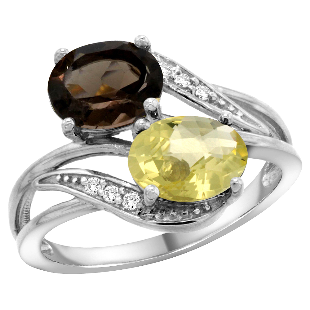 10K WHITE GOLD DIAMOND NATURAL SMOKY TOPAZ & LEMON QUARTZ 2-STONE RING OVAL 8X6MM, SIZES 5 - 10