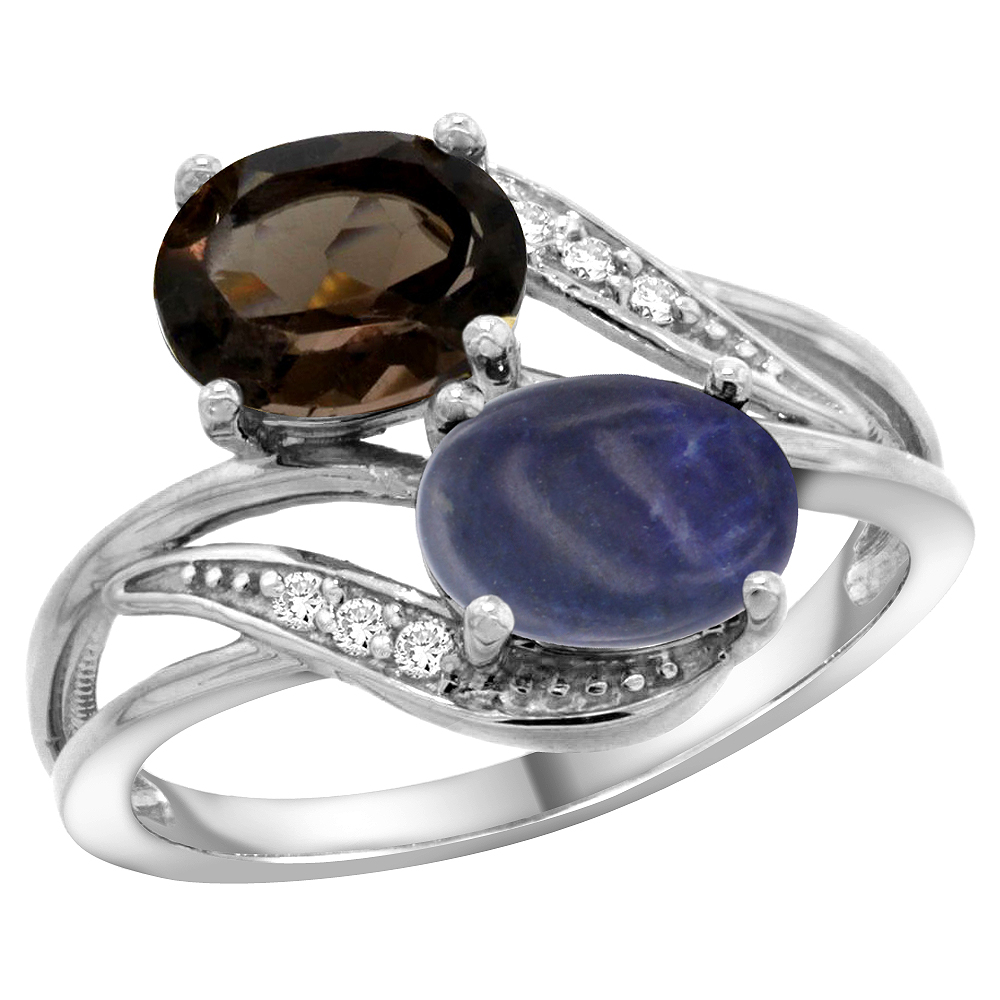 10K WHITE GOLD DIAMOND NATURAL SMOKY TOPAZ & LAPIS 2-STONE RING OVAL 8X6MM, SIZES 5 - 10