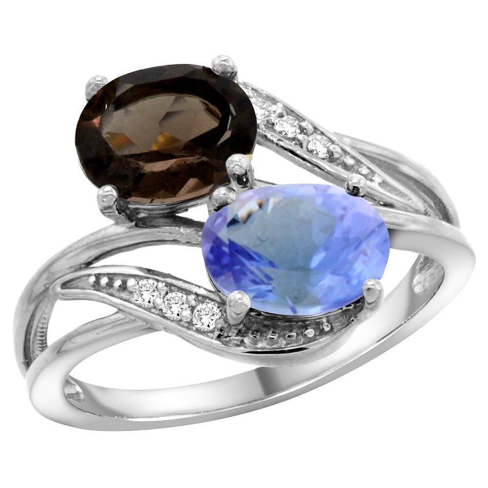10K WHITE GOLD DIAMOND NATURAL SMOKY TOPAZ & TANZANITE 2-STONE RING OVAL 8X6MM, SIZES 5 - 10
