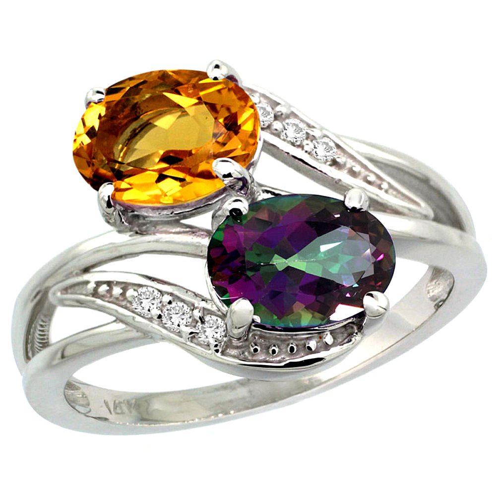 14K WHITE GOLD DIAMOND NATURAL MYSTIC TOPAZ & CITRINE 2-STONE RING OVAL 8X6MM, SIZES 5 - 10