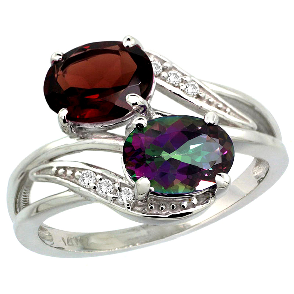 14K WHITE GOLD DIAMOND NATURAL MYSTIC TOPAZ & GARNET 2-STONE RING OVAL 8X6MM, SIZES 5 - 10
