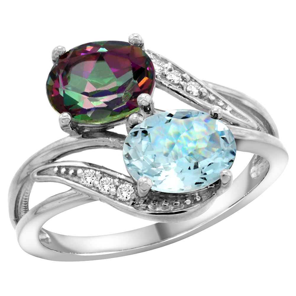 10K WHITE GOLD DIAMOND NATURAL MYSTIC TOPAZ & AQUAMARINE 2-STONE RING OVAL 8X6MM, SIZES 5 - 10
