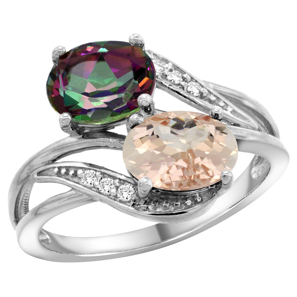 10K WHITE GOLD DIAMOND NATURAL MYSTIC TOPAZ & MORGANITE 2-STONE RING OVAL 8X6MM, SIZES 5 - 10