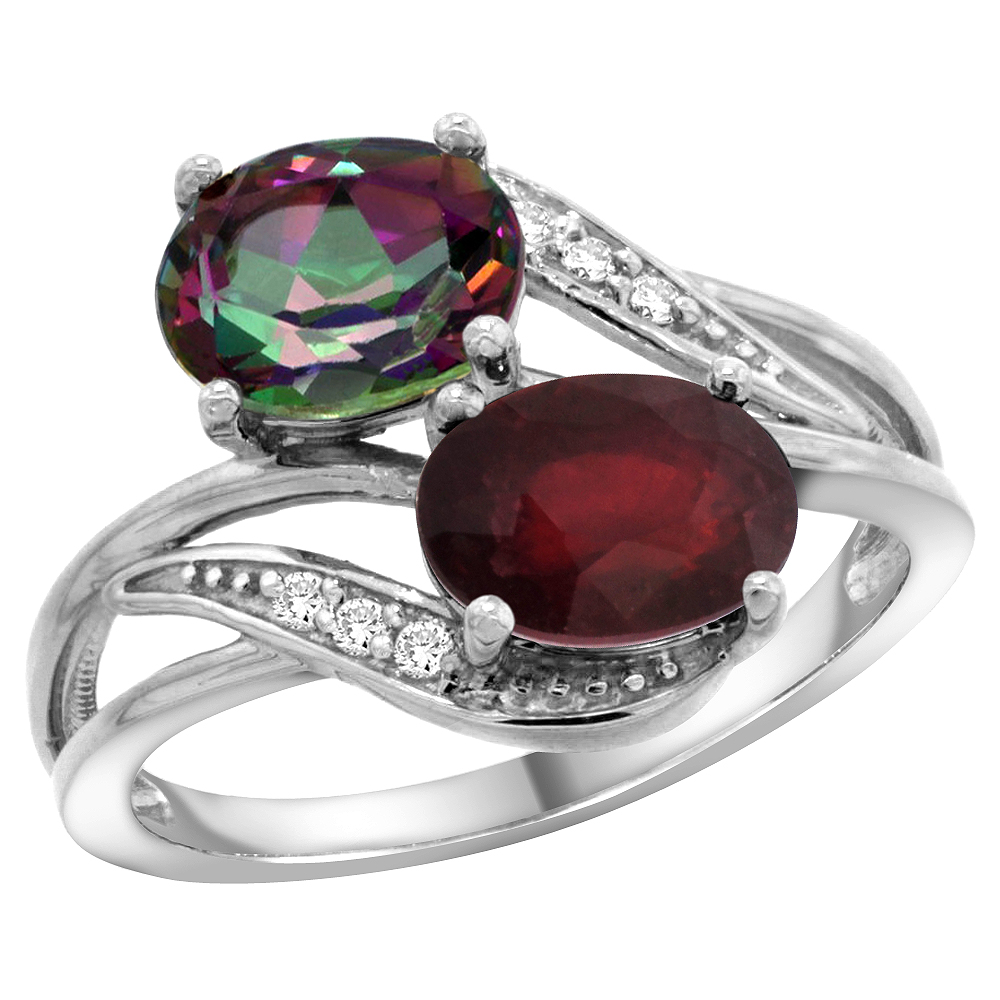 10K WHITE GOLD DIAMOND NATURAL MYSTIC TOPAZ & ENHANCED RUBY 2-STONE RING OVAL 8X6MM, SIZES 5 - 10