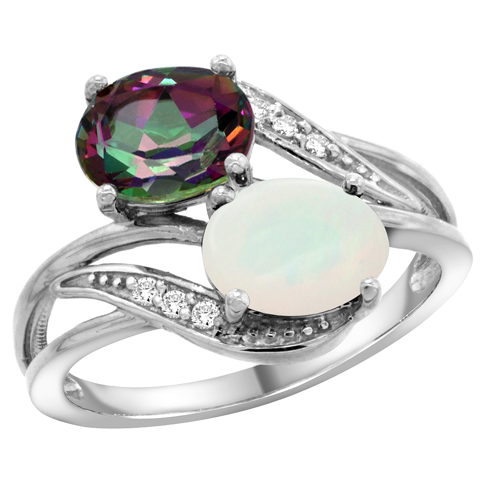 10K WHITE GOLD DIAMOND NATURAL MYSTIC TOPAZ & OPAL 2-STONE RING OVAL 8X6MM, SIZES 5 - 10