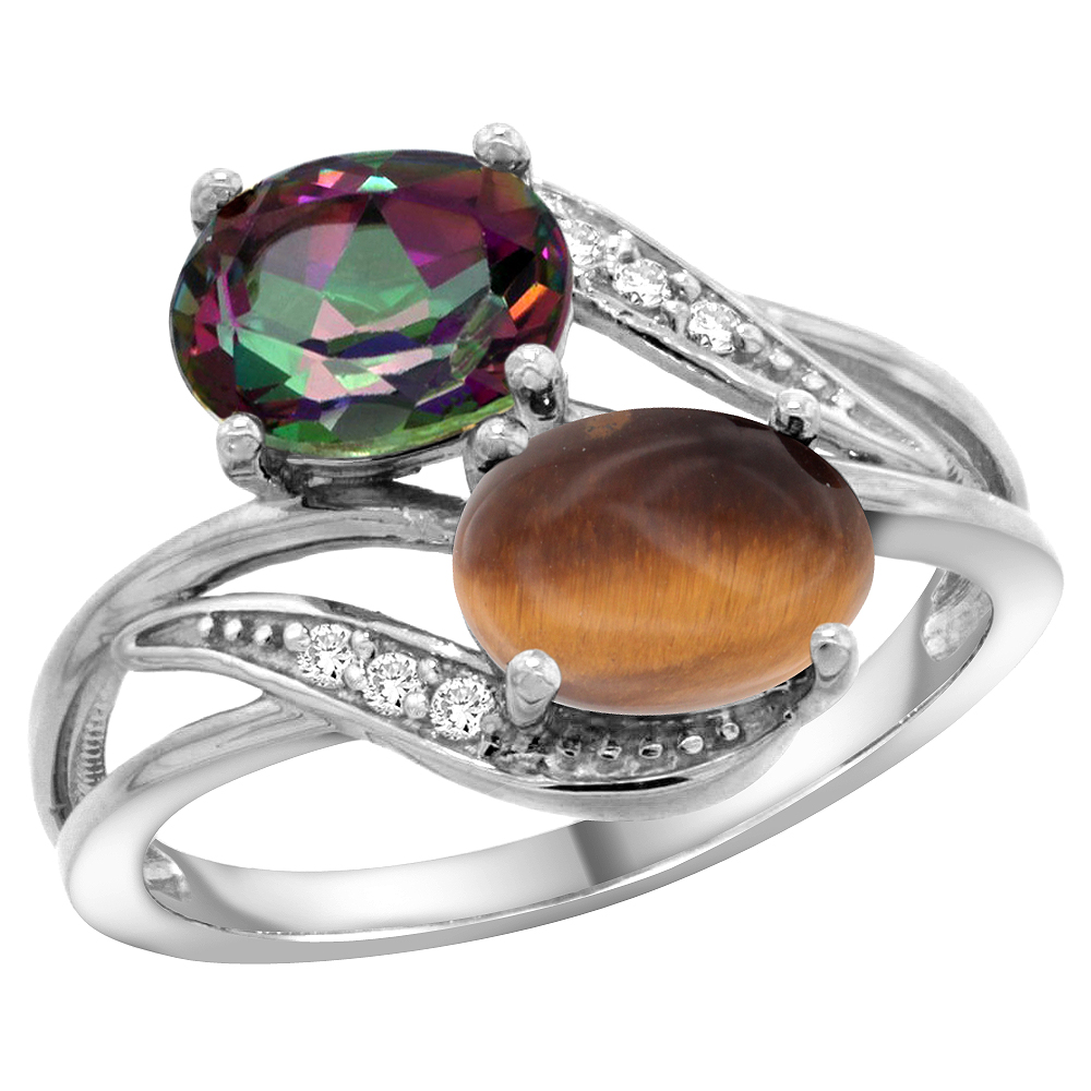 10K WHITE GOLD DIAMOND NATURAL MYSTIC TOPAZ & TIGER EYE 2-STONE RING OVAL 8X6MM, SIZES 5 - 10