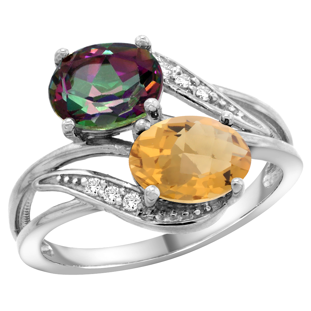 10K WHITE GOLD DIAMOND NATURAL MYSTIC TOPAZ & WHISKY QUARTZ 2-STONE RING OVAL 8X6MM, SIZES 5 - 10