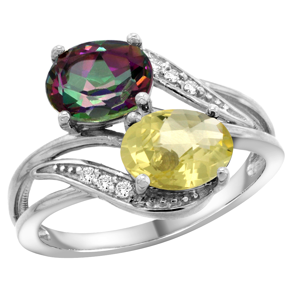 10K WHITE GOLD DIAMOND NATURAL MYSTIC TOPAZ & LEMON QUARTZ 2-STONE RING OVAL 8X6MM, SIZES 5 - 10