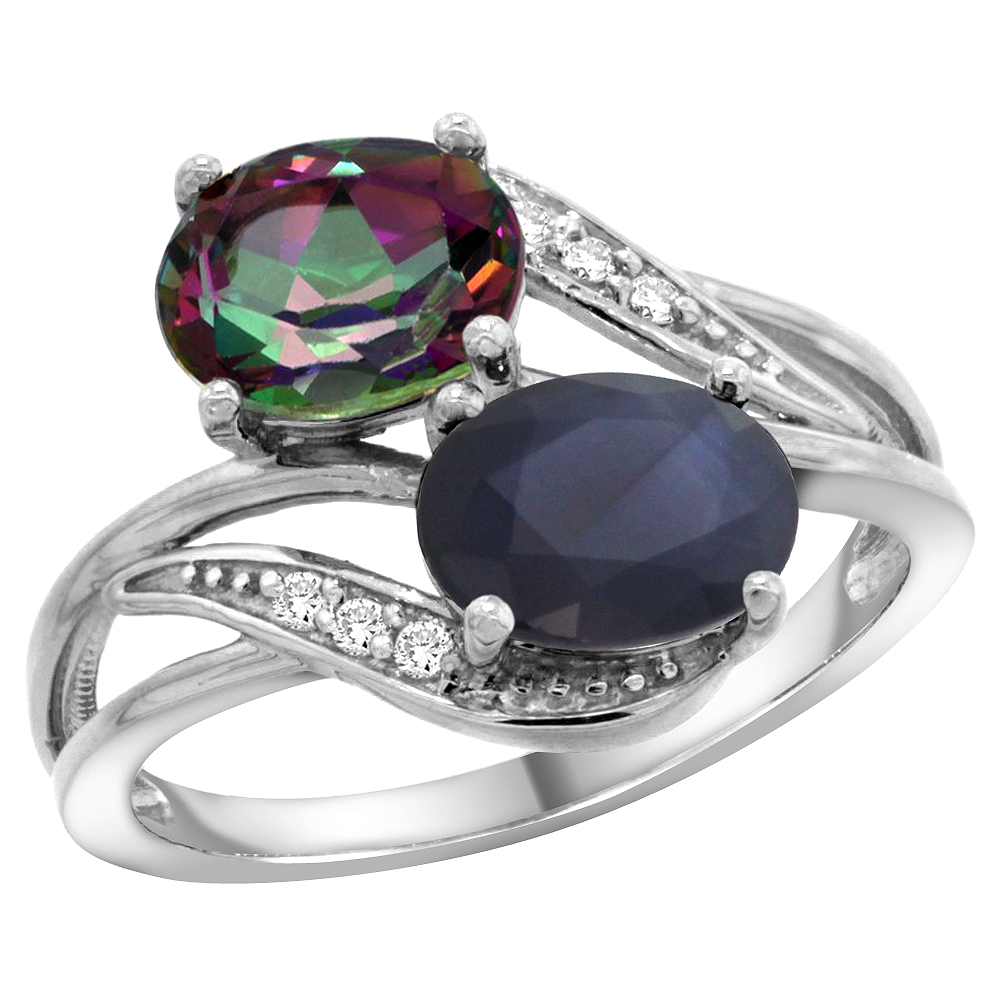 10K WHITE GOLD DIAMOND NATURAL MYSTIC TOPAZ & AUSTRALIAN SAPPHIRE 2-STONE RING OVAL 8X6MM, SIZES 5 - 10