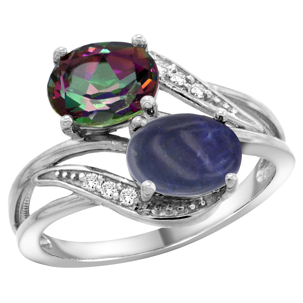 10K WHITE GOLD DIAMOND NATURAL MYSTIC TOPAZ & LAPIS 2-STONE RING OVAL 8X6MM, SIZES 5 - 10