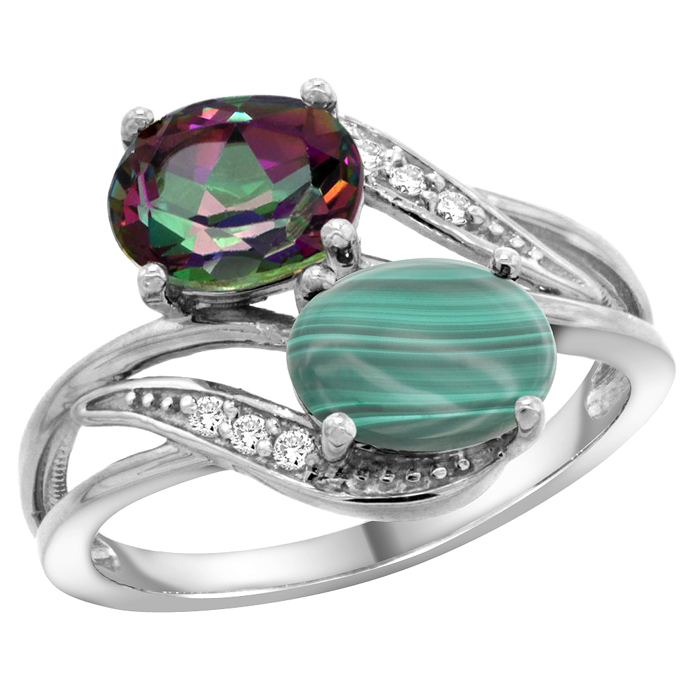 10K WHITE GOLD DIAMOND NATURAL MYSTIC TOPAZ & MALACHITE 2-STONE RING OVAL 8X6MM, SIZES 5 - 10