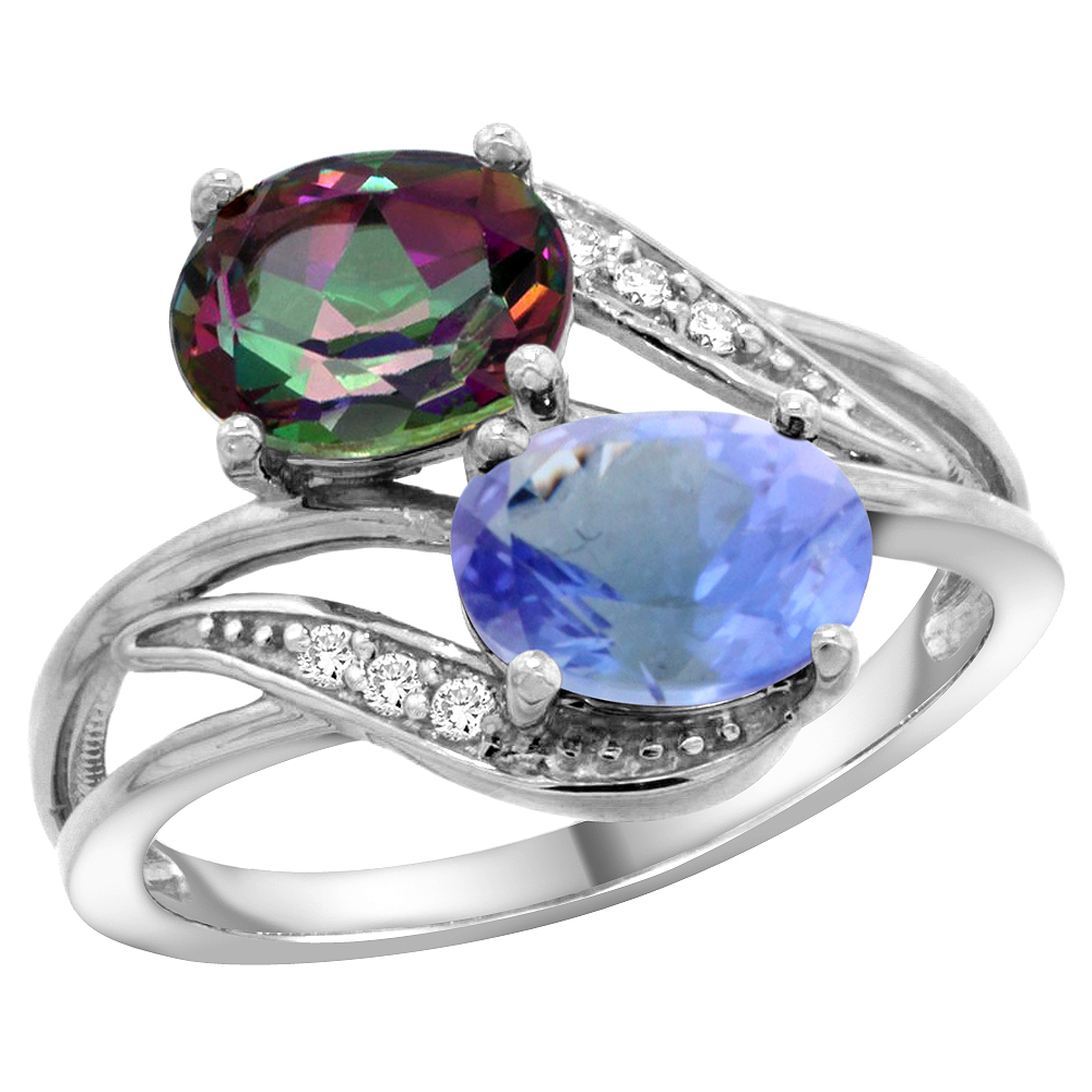 10K WHITE GOLD DIAMOND NATURAL MYSTIC TOPAZ & TANZANITE 2-STONE RING OVAL 8X6MM, SIZES 5 - 10