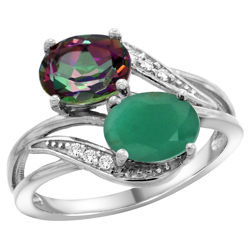 10K WHITE GOLD DIAMOND NATURAL MYSTIC TOPAZ EMERALD 2-STONE MOTHERS RING OVAL 8X6MM SIZE 5 - 10