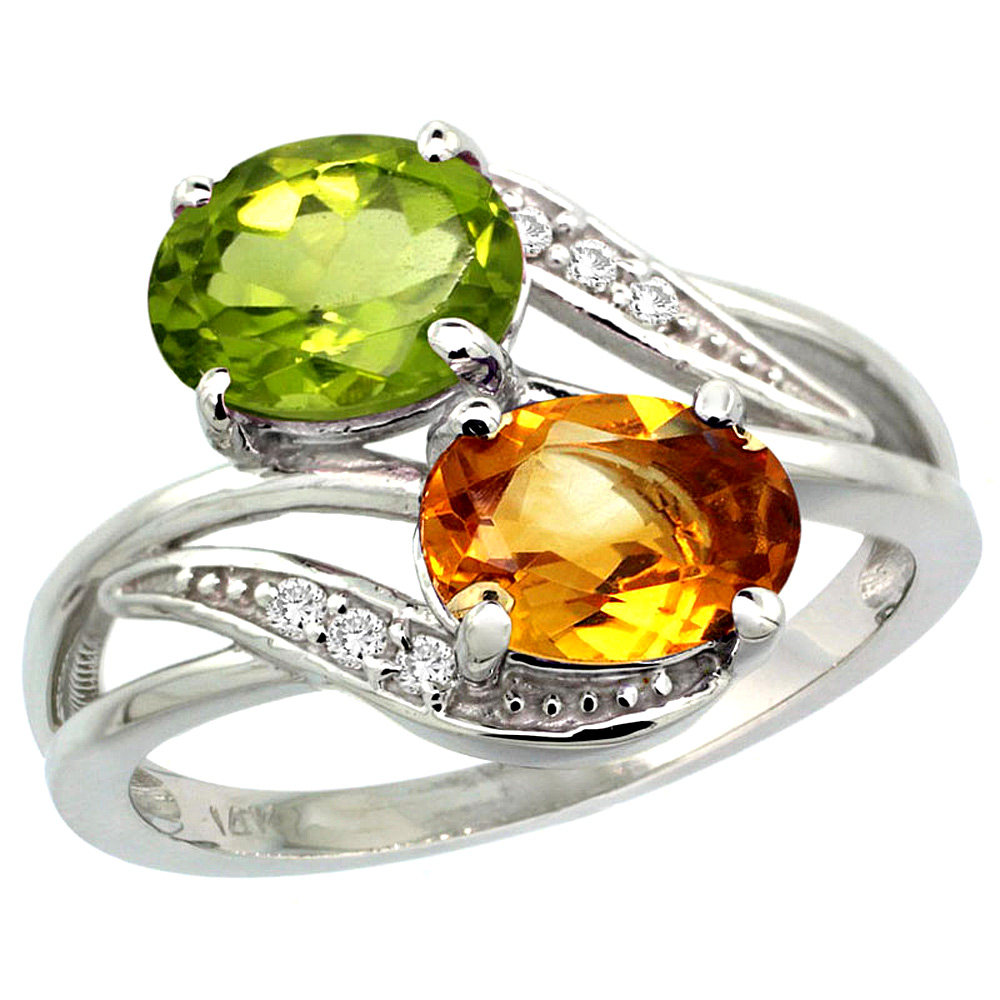 14K White Gold Diamond Natural Citrine &amp; Peridot 2-stone Ring Oval 8x6mm, sizes 5 - 10