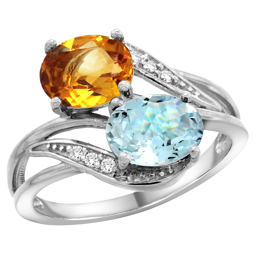 10K WHITE GOLD DIAMOND NATURAL CITRINE & AQUAMARINE 2-STONE RING OVAL 8X6MM, SIZES 5 - 10
