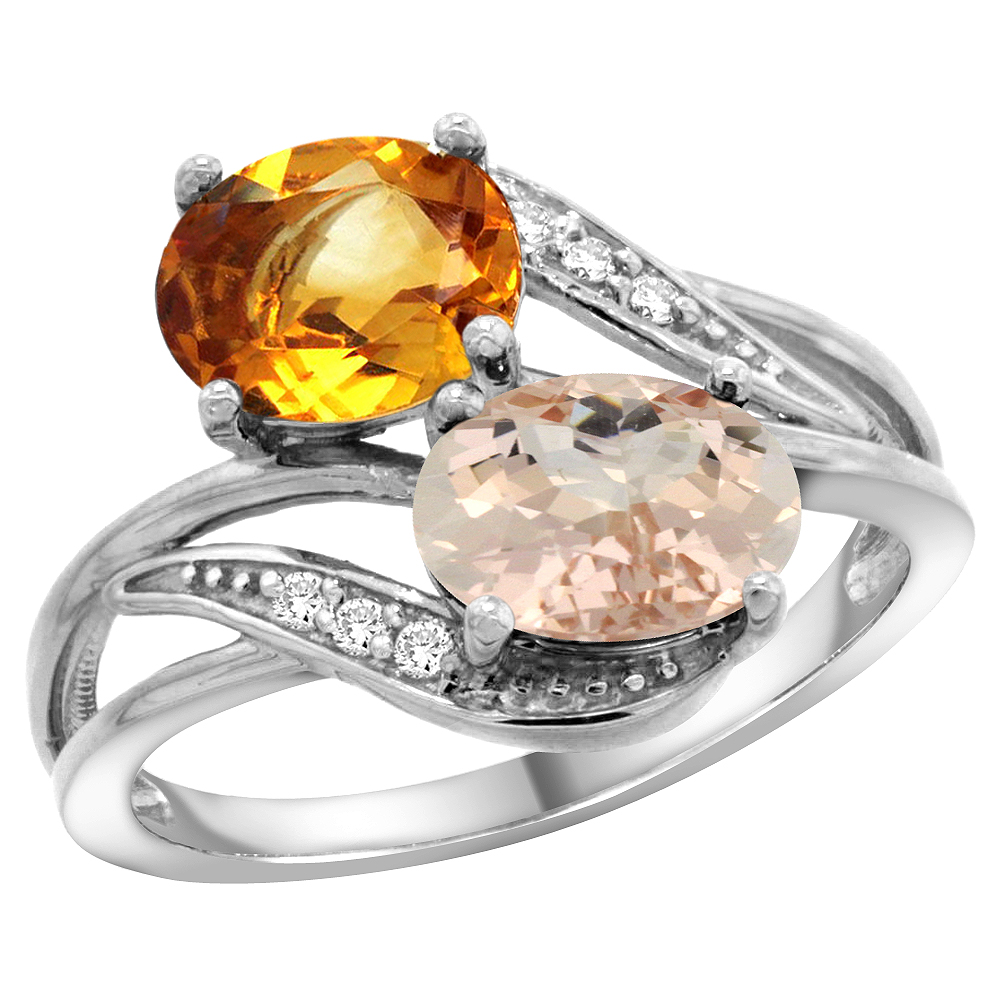 14K White Gold Diamond Natural Citrine &amp; Morganite 2-stone Ring Oval 8x6mm, sizes 5 - 10