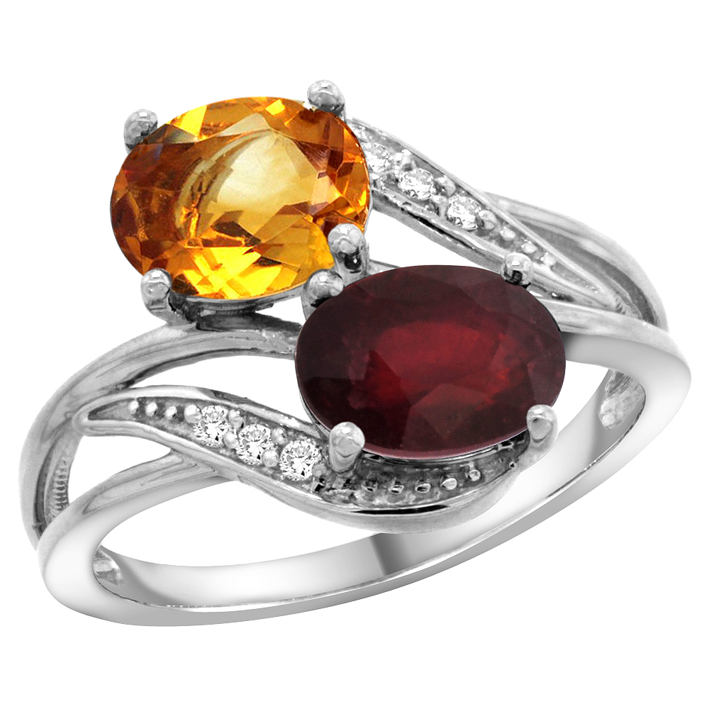 10K White Gold Diamond Natural Citrine &amp; Enhanced Ruby 2-stone Ring Oval 8x6mm, sizes 5 - 10