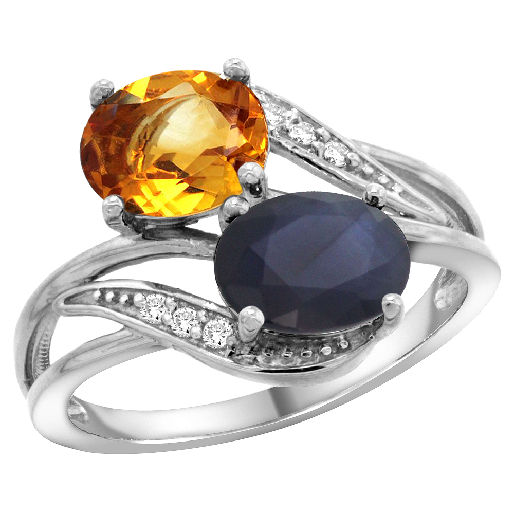 14K White Gold Diamond Natural Citrine & Blue Sapphire 2-stone Ring Oval 8x6mm, sizes 5 - 10