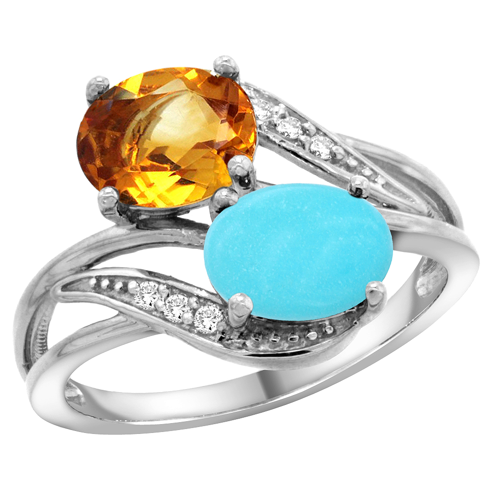 10K White Gold Diamond Natural Citrine & Turquoise 2-stone Ring Oval 8x6mm, sizes 5 - 10