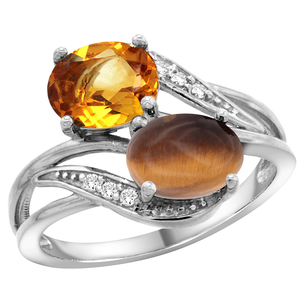 10K WHITE GOLD DIAMOND NATURAL CITRINE & TIGER EYE 2-STONE RING OVAL 8X6MM, SIZES 5 - 10