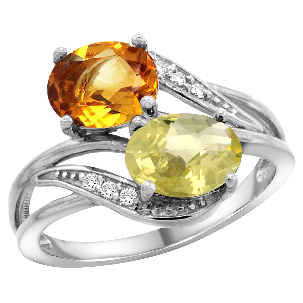 10K White Gold Diamond Natural Citrine & Lemon Quartz 2-stone Ring Oval 8x6mm, sizes 5 - 10