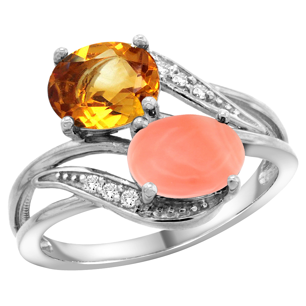 14K White Gold Diamond Natural Citrine &amp; Coral 2-stone Ring Oval 8x6mm, sizes 5 - 10