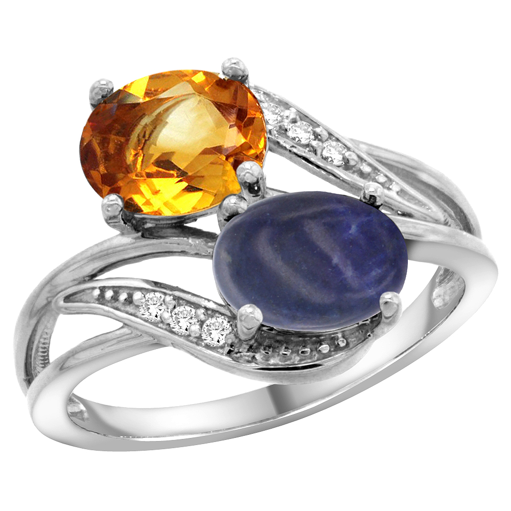 10K WHITE GOLD DIAMOND NATURAL CITRINE & LAPIS 2-STONE RING OVAL 8X6MM, SIZES 5 - 10