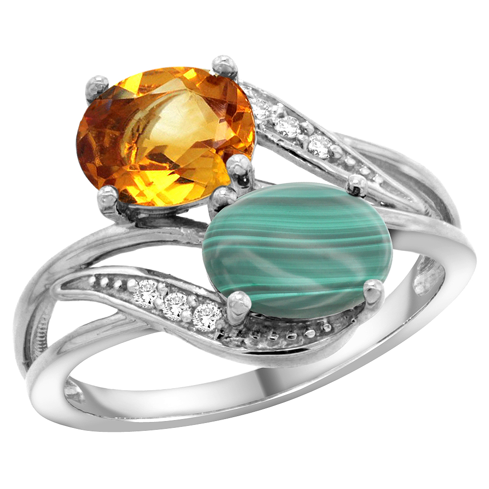 14K White Gold Diamond Natural Citrine &amp; Malachite 2-stone Ring Oval 8x6mm, sizes 5 - 10