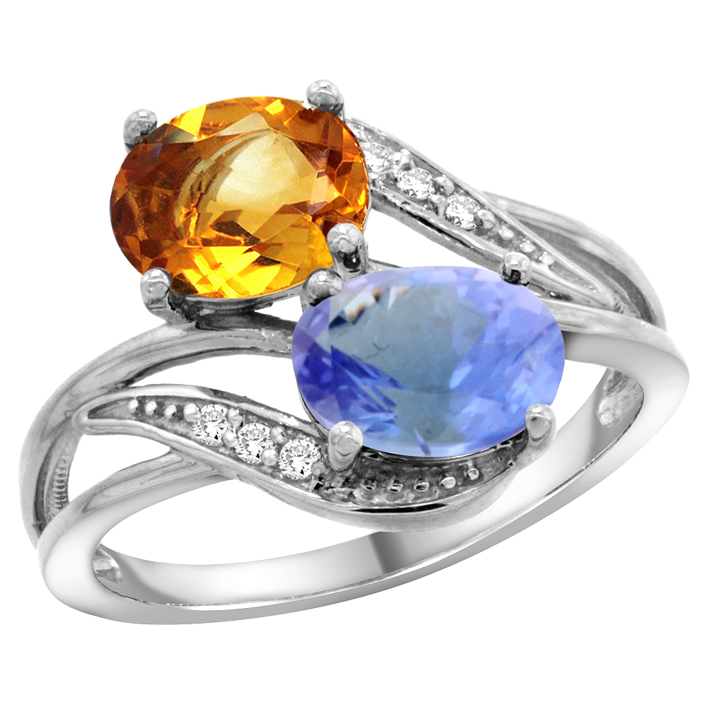 10K WHITE GOLD DIAMOND NATURAL CITRINE & TANZANITE 2-STONE RING OVAL 8X6MM, SIZES 5 - 10