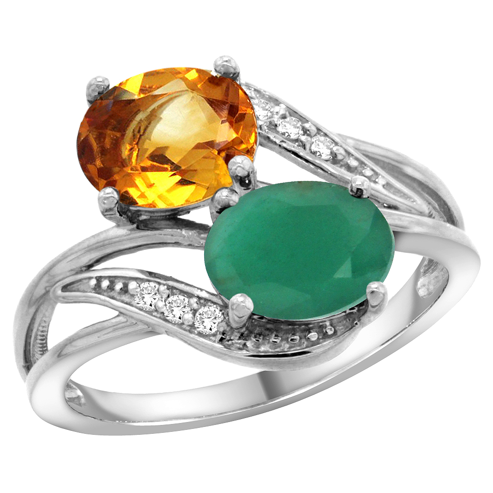 10K WHITE GOLD DIAMOND NATURAL CITRINE EMERALD 2-STONE MOTHERS RING OVAL 8X6MM SIZE 5 - 10