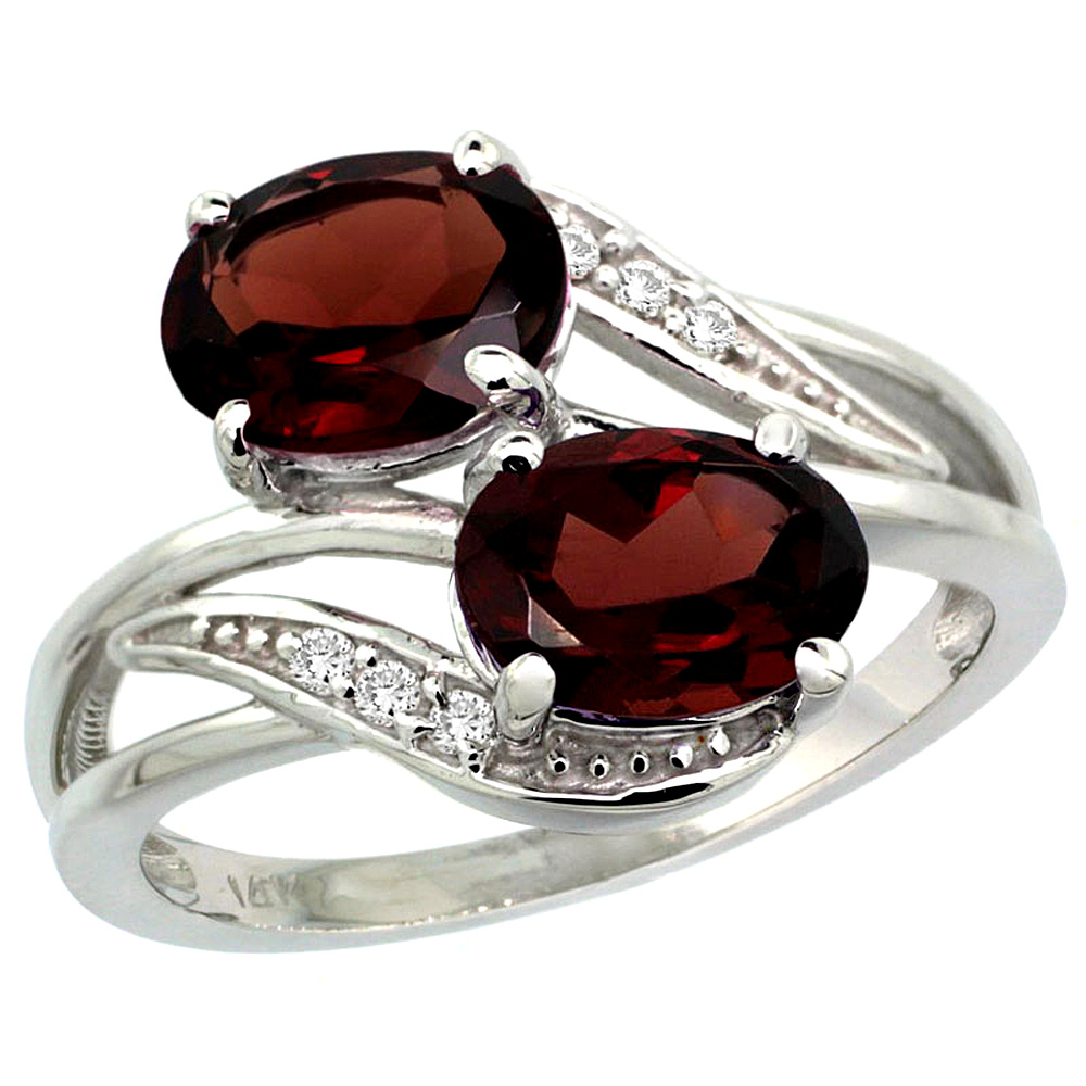 14K WHITE GOLD DIAMOND NATURAL GARNET 2-STONE RING OVAL 8X6MM, SIZES 5 - 10